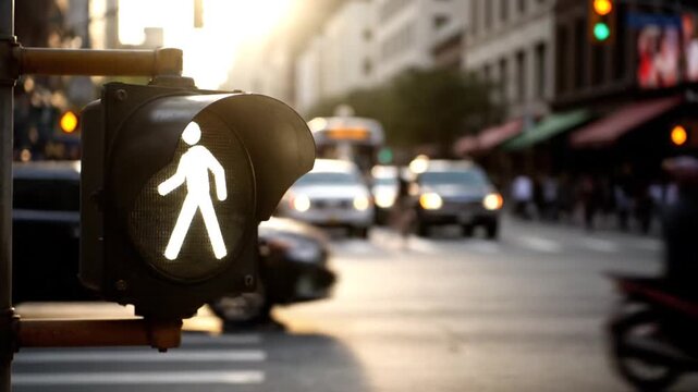 The crosswalk signal rapidly cycles from the red stop hand to the white walking figure in eight seconds, directing blurred car and pedestrian traffic on a bustling city street during golden hour.