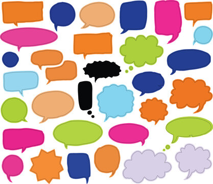 Funky y2k speech bubble scrapbook collection. Torn paper bubble shapes for dialogue, message and text. Comic colorful scrapbook collage speech bubbles. Hand drawn vector sketch balloons