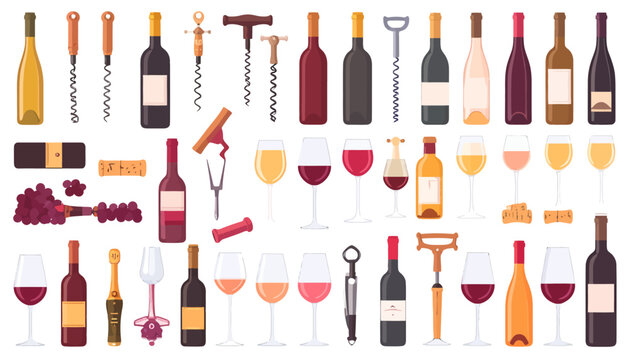 Assorted Wine Bottles and Glasses Collection.