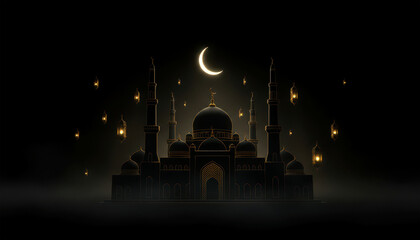 Ramadan Night Mosque Scene with Crescent Moon