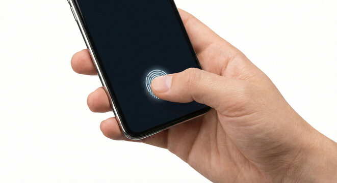 Person's hand holding a smartphone for biometric fingerprint authentication on a white background. - Powered by Adobe