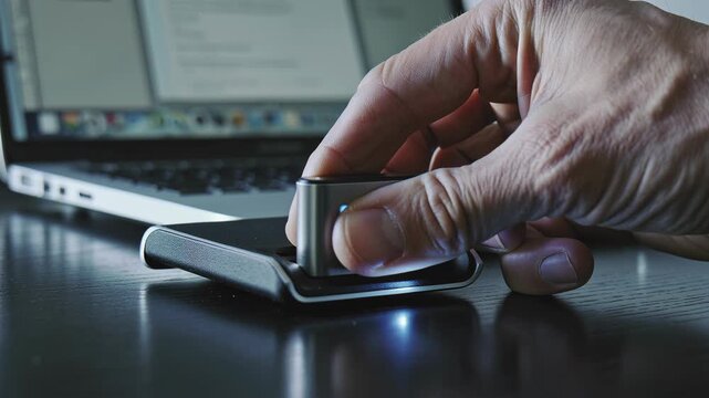 Mans hand scanning fingerprint on biometric reader connected to laptop for secure digital identification.