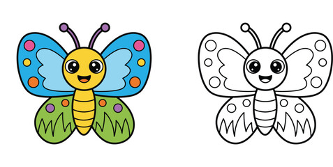 Obraz premium Cute Cartoon Butterfly Coloring Book Page for Kids, Hand Drawn Insect Illustration with Colored Version for Children Activity, Educational Vector Art for Preschool Learning and Creativity