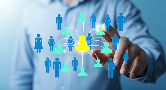 A person interacting with a network of people icons in a digital connection concept - Powered by Adobe