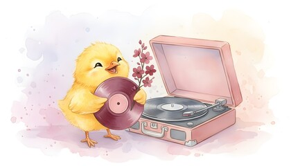 Cute watercolor illustration of a happy yellow chick holding a burgundy vinyl record and a small branch with flowers. A vintage record player with an open lid stands nearby on a soft pastel 