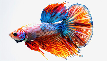 Close-up of a Betta fish with a magnificent, multi-colored tail in shades of red, orange, and blue, isolated