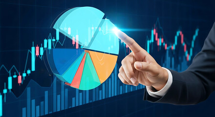 A businessman analyzing a pie chart and graph on a digital screen with his finger