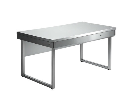 Sleek, modern silver metal desk with one drawer and brushed chrome legs