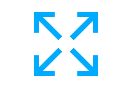 Blue Fullscreen Icon - Minimalist expanding arrows symbol for screen display and maximize function isolated on transparent background for modern web and app interface design.
