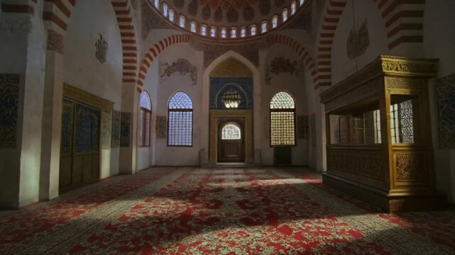 An empty mosque interior at night, with arched windows allowing moonlight to stream for ramadan kareem eid mubarak islamic background