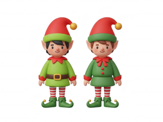 Two christmas elves standing side by side isolated on transparent background
