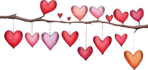 Whimsical Row of Heart-Shaped Ornaments Dangling from a Delicate Branch