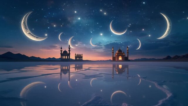 Starry night sky over a mirrored salt flat reflecting infinite crescents and mosque silhouet for ramadan kareem eid mubarak islamic background