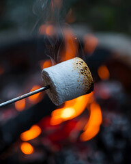 Close-up of a marshmallow being roasted on a metal skewer over an open campfire