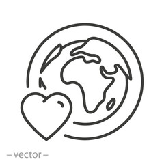 Earth love icon. Globe with heart. Line vector art.