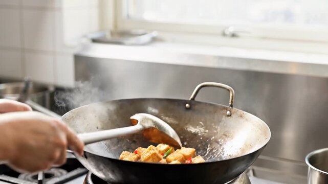 Chef tossing tofu and vegetables in a wok with flames. Slow motion stir fry of golden fried bean curd with chili and green onions in a professional kitchen. Asian cuisine cooking concept