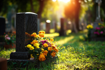 Dark granite headstone stands amidst colorful flowers and green grass in sunlit cemetery. Other gravestones are visible in background, creating peaceful scene of remembrance and respect for departed