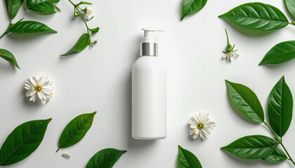 White cosmetic pump bottle with silver accent surrounded by fresh green leaves and delicate white flowers on a clean white background