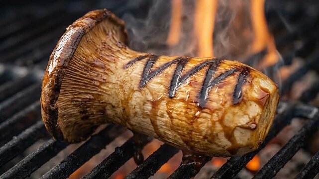 Close-up of a glazed King Oyster mushroom grilling on a barbecue with flames and smoke. Vegetarian food cooking on hot grill grates. Meatless day concept