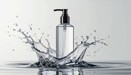 Clear glass pump bottle with black dispenser, creating a powerful splash of water on a reflective surface, emphasizing purity and refreshment