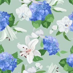 Hydrangea, delicate orchids and lilies. Seamless vector illustration for use in textile decoration, packaging and wallpaper.