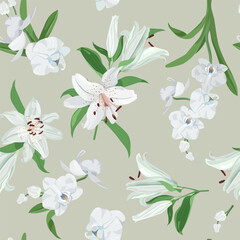 Elegant orchids and lilies on a gray backdrop. Seamless vector artwork. Perfect for textile decoration, packaging, or wallpaper.