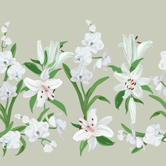 Elegant orchids and lilies on a gray backdrop. Seamless vector artwork. Perfect for textile decoration, packaging, or wallpaper.
