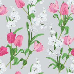 Elegant orchids and tulips on a gray backdrop. Seamless vector artwork. Perfect for textile decoration, packaging, or wallpaper.