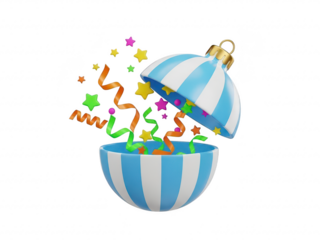 Blue and white striped party favor ball with confetti and ribbons isolated on transparent background