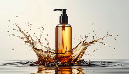 Clear bottle with amber liquid and black pump in dynamic splash, luxury fragrance or serum, beauty product concept