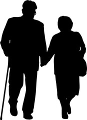 Silhouette of an Elderly Couple Walking and Holding Hands with a Walking Stick Isolated on White Background