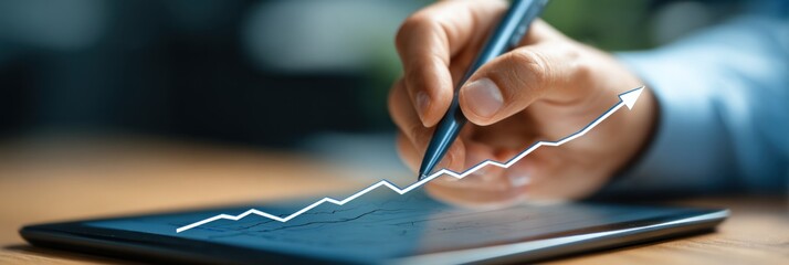 A hand holds a pen over a tablet displaying a rising graph, symbolizing growth and progress in data analysis or business performance.