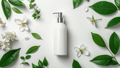 White pump bottle with silver cap surrounded by white jasmine flowers and green leaves, natural skincare mockup