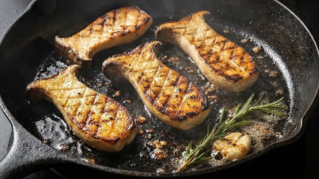 Close-up of King Oyster mushrooms grilling in a cast iron skillet. Vegan mushroom steaks sizzling with rosemary and garlic. Plant-based cooking concept