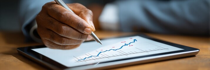 A hand holding a pen is analyzing a financial graph displayed on a tablet, showcasing trends and insights in a professional setting.