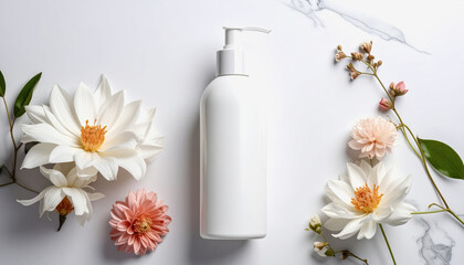Elegant white cosmetic pump bottle surrounded by delicate white and pink dahlias and greenery on marble surface