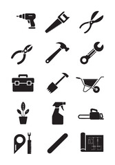 Fototapeta premium Black and white of various gardening and construction tools and equipment drill scissors