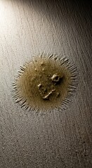Magnetic iron filings create a dark, spiky ring around a central liquid puddle on a textured surface