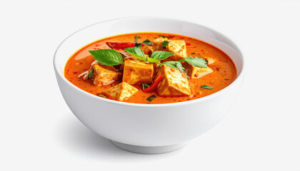Flavorful red curry with golden tofu cubes, fresh basil, and chili slices in a white bowl, authentic Thai cuisine