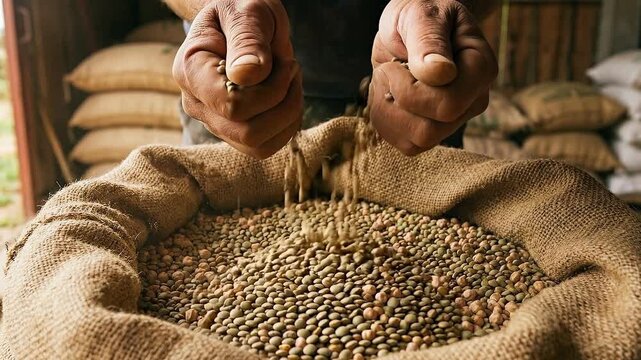 Farmer hands pouring raw lentils into a burlap sack. Close-up of organic legumes falling from hands in slow motion. Agriculture and healthy vegetarian food concept