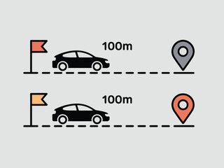 Fototapeta premium Black cars dashed lines with flags and location pins indicating 100m distance vehicle