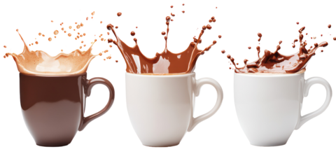 Dynamic chocolate splash in mugs on transparent background