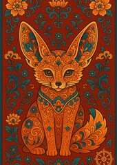 Fototapeta premium Intricate fox floral design wallpaper.