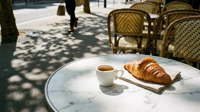 Cup of espresso coffee and a croissant on a marble table at an outdoor sidewalk cafe. French breakfast on a sunny terrace in Paris with pedestrians passing by. International Francophonie Day