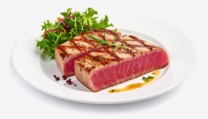 Grilled Tuna Steaks with Fresh Green Salad and Rosemary Sprig on White Plate