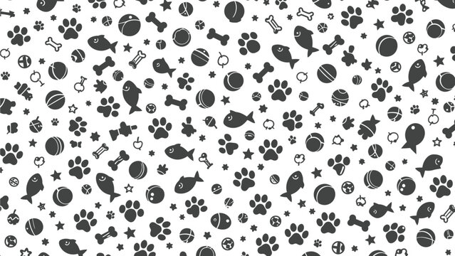 Seamless pattern featuring various dark gray silhouettes of dog toys like bones, paws, fish, and balls