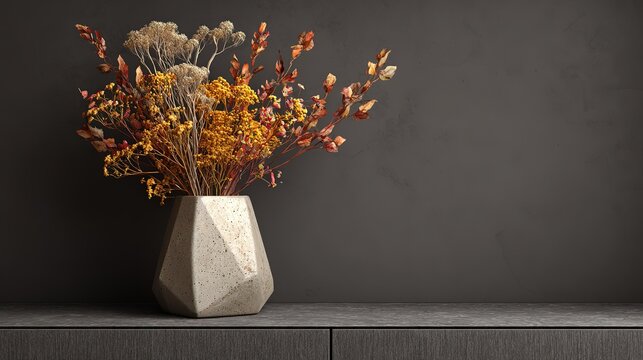 Modern 3D Geometric Vase with Dried Flowers on Dark Gray Entry Cabinet, Minimalist Entrance Decor Scene.