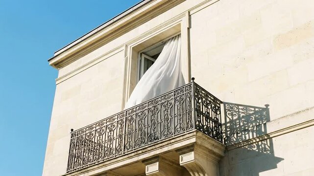 White curtain blowing in the wind from an open window on a classic French balcony. Stone building facade with wrought iron railing against a blue sky. Fresh air and ventilation concept