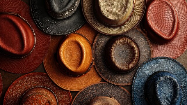 Many different types of hat arranged. Variety of headwear for fashion, travel, western or cowboy style.