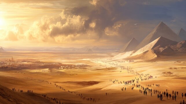 A vast crowd of people walking through a desert landscape towards ancient pyramids under a dramatic sky, exodus concept